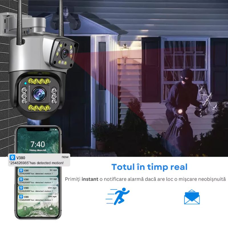 Camera de Supraveghere IP Dubla Inteligenta 360, 4G, 4K, 8 MP. 1080P, Zoom Optic 10X - imagine 5