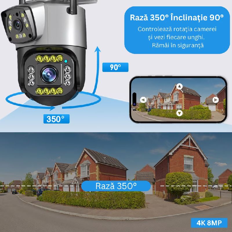 Camera de Supraveghere IP Dubla Inteligenta 360, 4G, 4K, 8 MP. 1080P, Zoom Optic 10X - imagine 9