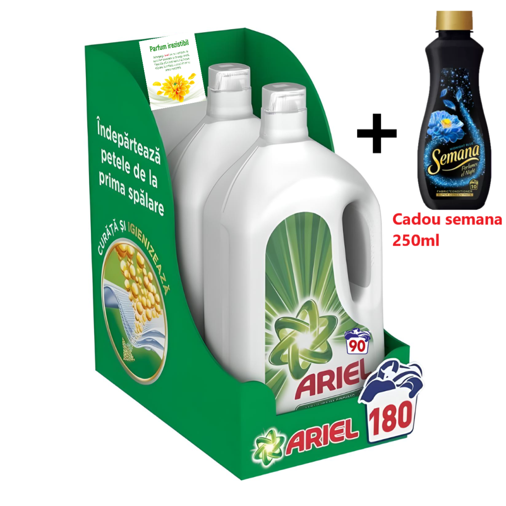 promotie detergent lichid Ariel 2x4.95L + Semana balsam cadou