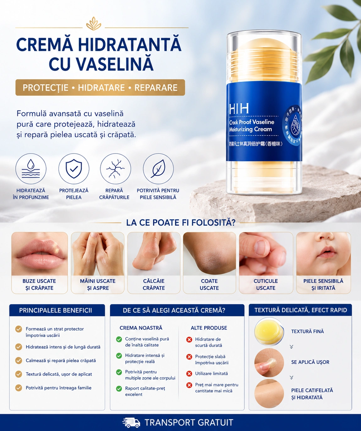 Set 5 x Cremă Hidratantă Vaseline Speciala HIH, Hidratare intensă Cu vitamina E și ceară de albine, stick/roll-on, 35g, Pentru mâini, coate și picioare - imagine 2