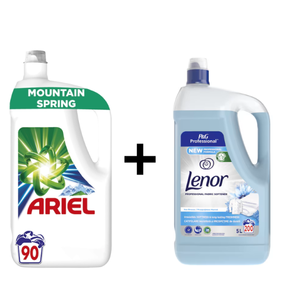 Pachet promo: Detergent de rufe lichid Ariel Mountain Spring Cold, 90 spalari, 4.5L + Balsam de rufe Lenor Spring Fresh Formula imbunatatita, 200 spalari, 5L