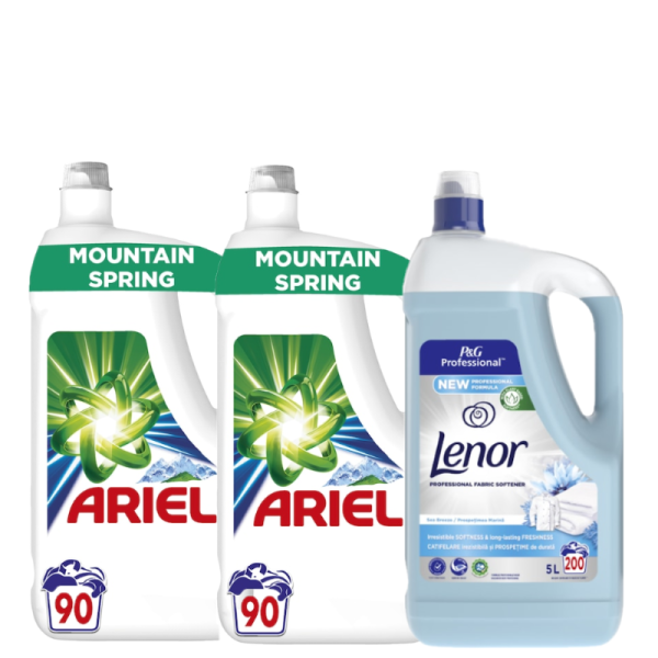 Pachet 2X Detergent Ariel Mountain Spring 4.5L + Balsam Lenor Fresh 5L