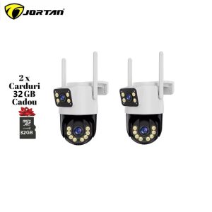 Set 2X Camere de supraveghere dubla WIFI, Cu 2 camere video integrate, 6MP, Full HD+ 4K, exterior/Interior 8X zoom, rotire rapida din aplicatie, 2 lentile, vedere nocturna color, senzor de miscare, lumina LED, inteligenta de urmarire, IP66
