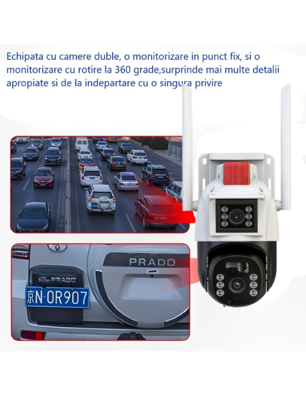 Set 2X Camere de supraveghere dubla WIFI, Cu 2 camere video integrate, 6MP, Full HD+ 4K, exterior/Interior 8X zoom, rotire rapida din aplicatie, 2 lentile, vedere nocturna color, senzor de miscare, lumina LED, inteligenta de urmarire, IP66 - imagine 4