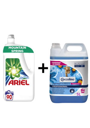 Pachet promo: Detergent de rufe lichid Ariel Mountain Spring Cold, 90 spalari, 4.5L + Balsam de rufe Coccolino Fresh, 5L, 200 spalari