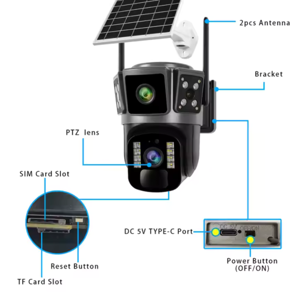 Camera de supraveghere 4G, Cu Panou Solar, 2 camere video integrate, 4 Lentile, 6MP, 4K, Vedere Panoramica, exterior/Interior 10X zoom, procesor AI, rotire rapida din aplicatie, vedere nocturna color, senzor de miscare, lumina LED, inteligenta de urmarire - imagine 13