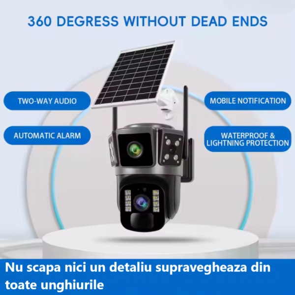 Camera de supraveghere 4G, Cu Panou Solar, 2 camere video integrate, 4 Lentile, 6MP, 4K, Vedere Panoramica, exterior/Interior 10X zoom, procesor AI, rotire rapida din aplicatie, vedere nocturna color, senzor de miscare, lumina LED, inteligenta de urmarire - imagine 2