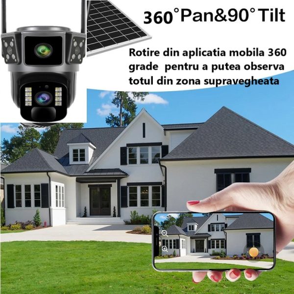 Camera de supraveghere 4G, Cu Panou Solar, 2 camere video integrate, 4 Lentile, 6MP, 4K, Vedere Panoramica, exterior/Interior 10X zoom, procesor AI, rotire rapida din aplicatie, vedere nocturna color, senzor de miscare, lumina LED, inteligenta de urmarire - imagine 5
