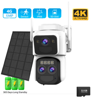 Camera de supraveghere 4G cu Panou Solar Dubla, 2 camere video integrate, 6MP, 4K, Vedere Panoramica, 2 lentile, 8X zoom, Detectare Umana, rotire rapida din aplicatie, vedere nocturna color, senzor de miscare, inteligenta de urmarire