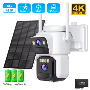 Camera de supraveghere 4G cu Panou Solar Dubla, 2 camere video integrate, 6MP, 4K, Vedere Panoramica, 2 lentile, 8X zoom, Detectare Umana, rotire rapida din aplicatie, vedere nocturna color, senzor de miscare, inteligenta de urmarire