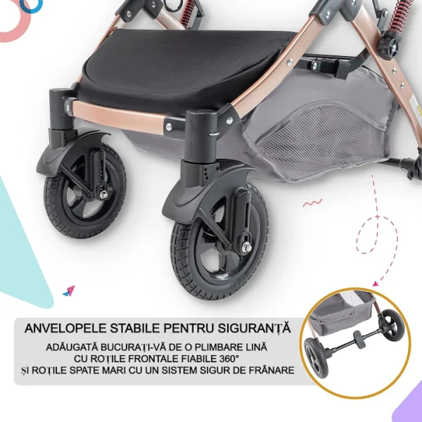 Carucior copii, 2 in 1, ultrapliabil, Landoul Reversibil, Multii Functional, Roti cu suspensii, Pliabil cu un singur Buton, sustinere dubla, maner reglabil, Model de Lux - imagine 3