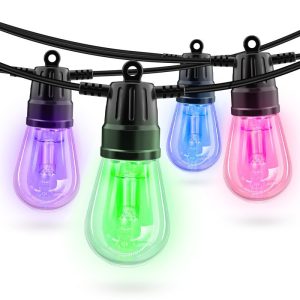 Ghirlanda Luminoasa solara RGB, 8 Moduri de Iluminare, 25M, Becuri LED G40, 3000K, Telecomanda inclusa, IP65, Autonomie Mare, lumina colorata
