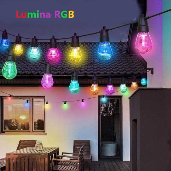 Ghirlanda Luminoasa solara RGB, 8 Moduri de Iluminare, 25M, Becuri LED G40, 3000K, Telecomanda inclusa, IP65, Autonomie Mare, lumina colorata - imagine 3