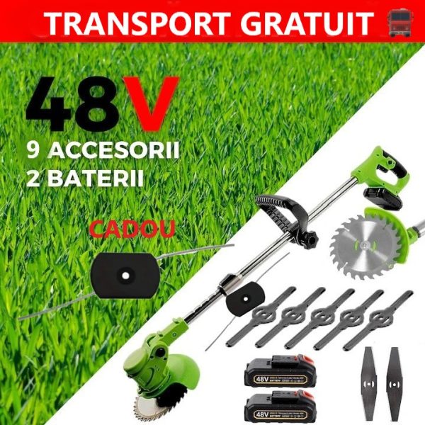 Motocoasa Electrica cu 2 Acumulatori 48V,Autonomie 4 ore 13000 mAh, Accesorii Incluse, Brat Extensibil, 9 Lame Diferite - imagine 2