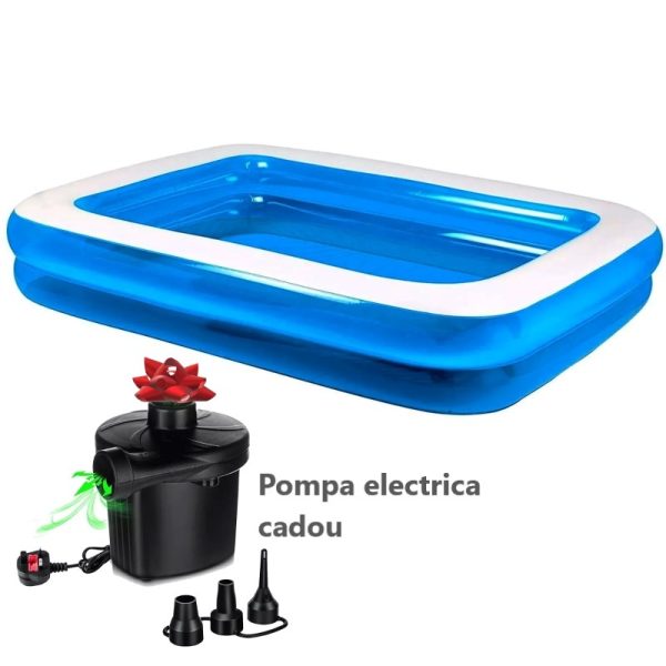 Piscina gonflabila Family XXL, cu Pompa electrica Cadou, Dimensiuni, 200 x 150 x 50 cm, 2 inele, Material Rezistent, Potrivita pentru copii si Adulti