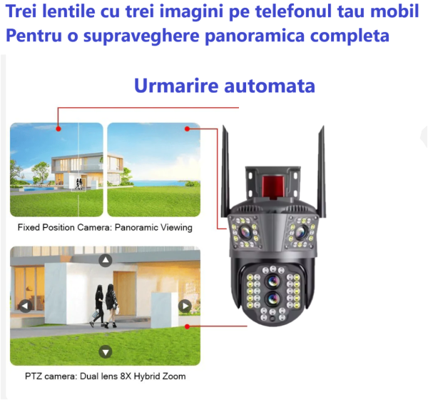 Camera de supraveghere Tripla Conexiune 4G si cablu de retea, 3 camere video integrate, 4 Lentile, 8MP, 4K, Vedere Panoramica, exterior/Interior 10X zoom, procesor AI, vedere nocturna color, senzor de miscare, lumina LED, inteligenta de urmarire - imagine 3