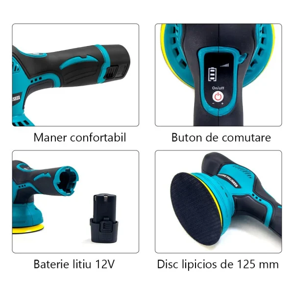 Aparat Polish Auto Profesional cu 2 Acumulatori 12V, 8 Viteze, 2500–5000 RPM, Orbital pentru Detailing - imagine 14