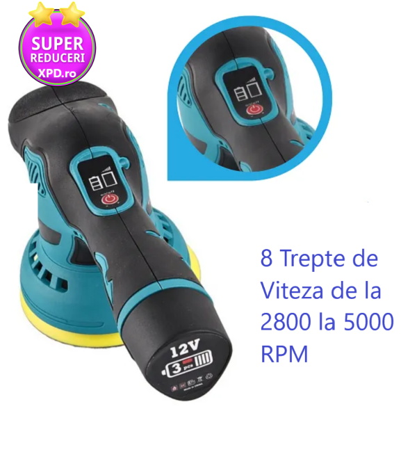 Aparat Polish Auto Profesional cu 2 Acumulatori 12V, 8 Viteze, 2500–5000 RPM, Orbital pentru Detailing - imagine 6