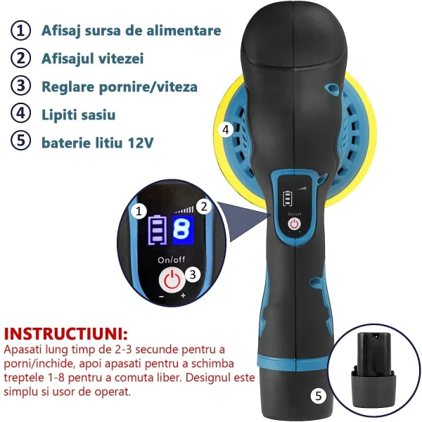 Aparat Polish Auto Profesional cu 2 Acumulatori 12V, 8 Viteze, 2500–5000 RPM, Orbital pentru Detailing - imagine 13