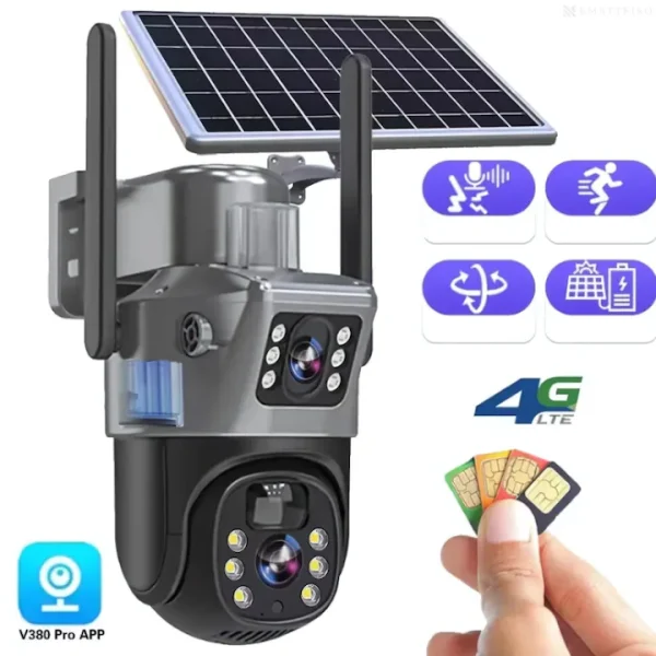 Camera de supraveghere 4G, Cu Panou Solar, 2 camere video integrate, 6MP, 4K, exterior/Interior, 10X zoom, procesor AI, rotire rapida din aplicatie, 2 lentile, vedere nocturna color, senzor de miscare, lumina LED, inteligenta de urmarire, Gri - imagine 9