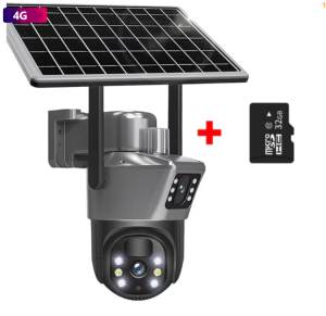 Camera de supraveghere 4G, Cu Panou Solar, 2 camere video integrate, 6MP, 4K, exterior/Interior, 10X zoom, procesor AI, rotire rapida din aplicatie, 2 lentile, vedere nocturna color, senzor de miscare, lumina LED, inteligenta de urmarire, Gri