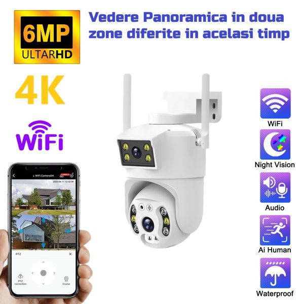 Camera de supraveghere Dubla WIFI, Cu 2 camere video Fixa si Mobila, Ultra HD 4K, 6MP, exterior/Interior 10X zoom, 2 lentile, vedere color noaptea, senzor inteligent de miscare - imagine 2