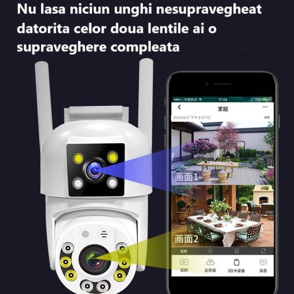 Camera de supraveghere Dubla WIFI, Cu 2 camere video Fixa si Mobila, Ultra HD 4K, 6MP, exterior/Interior 10X zoom, 2 lentile, vedere color noaptea, senzor inteligent de miscare - imagine 4