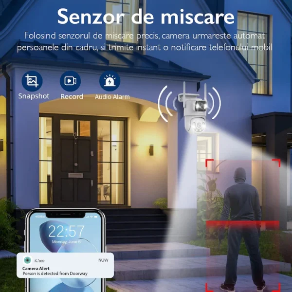 Camera de supraveghere Dubla WIFI, Cu 2 camere video Fixa si Mobila, Ultra HD 4K, 6MP, exterior/Interior 10X zoom, 2 lentile, vedere color noaptea, senzor inteligent de miscare - imagine 8