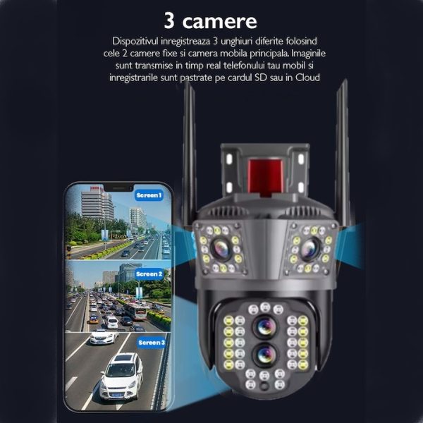 Camera de supraveghere Tripla Conexiune 4G si cablu de retea, 3 camere video integrate, 4 Lentile, 8MP, 4K, Vedere Panoramica, exterior/Interior 10X zoom, procesor AI, vedere nocturna color, senzor de miscare, lumina LED, inteligenta de urmarire - imagine 4