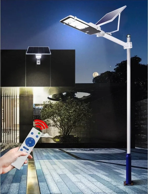 Lampa solara Stradala LED Jortan 400W, Telecomanda, Senzor de Lumina, Senzor de Miscare, Lumina rece, Stalp metalic inclus, Autonomie mare, Rezistenta la apa, Multiple functii de programare - imagine 4