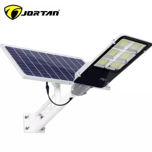 Lampa solara Stradala LED Jortan 400W, Telecomanda, Senzor de Lumina, Senzor de Miscare, Lumina rece, Stalp metalic inclus, Autonomie mare, Rezistenta la apa, Multiple functii de programare