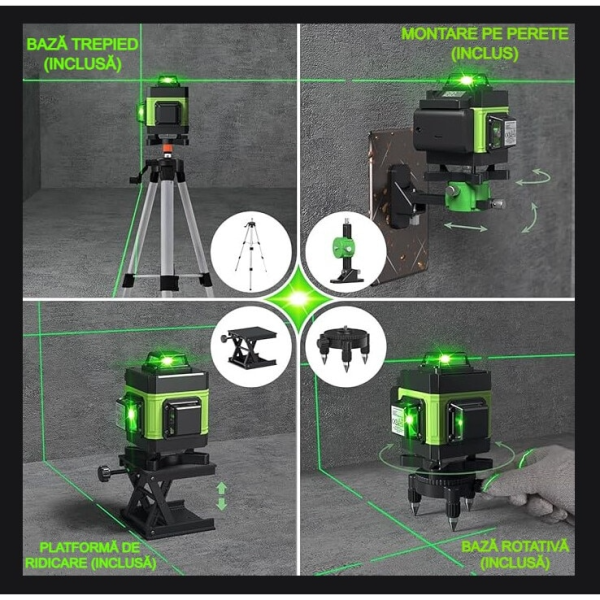 Nivela Laser 4D cu 16 Linii, Autonivelare, 2 Acumulatori, Lumina Verde, Trepied 150 cm, Telecomandă, Platformă Ridicare, Profesională - imagine 2