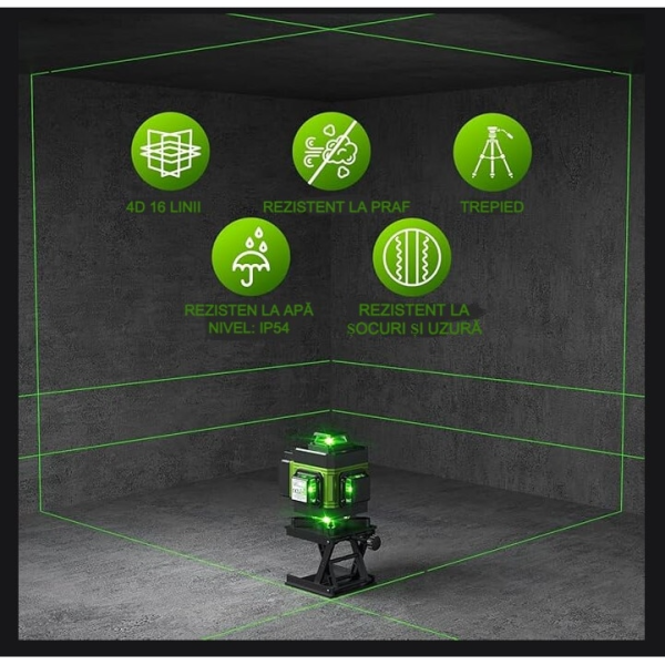 Nivela Laser 4D cu 16 Linii, Autonivelare, 2 Acumulatori, Lumina Verde, Trepied 150 cm, Telecomandă, Platformă Ridicare, Profesională - imagine 3