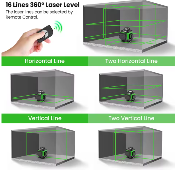Nivela Laser 4D cu 16 Linii, Autonivelare, 2 Acumulatori, Lumina Verde, Trepied 150 cm, Telecomandă, Platformă Ridicare, Profesională - imagine 6