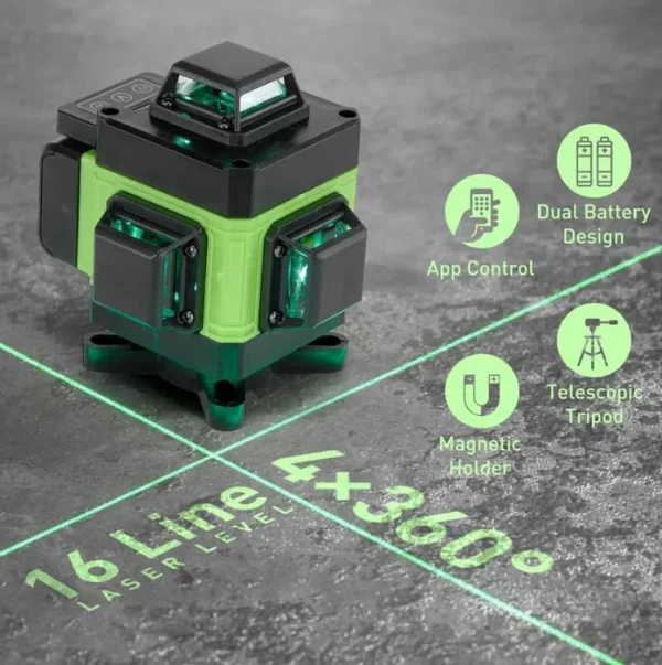 Nivela Laser 4D cu 16 Linii, Autonivelare, 2 Acumulatori, Lumina Verde, Trepied 150 cm, Telecomandă, Platformă Ridicare, Profesională - imagine 7