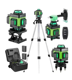 Nivela Laser 4D cu 16 Linii, Autonivelare, 2 Acumulatori, Lumina Verde, Trepied 150 cm, Telecomandă, Platformă Ridicare, Profesională