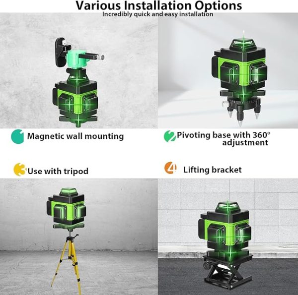 Nivela Laser 4D cu 16 Linii, Autonivelare, 2 Acumulatori, Lumina Verde, Trepied 150 cm, Telecomandă, Platformă Ridicare, Profesională - imagine 13