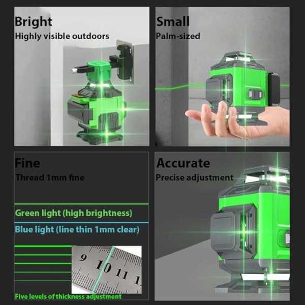 Nivela Laser 4D cu 16 Linii, Autonivelare, 2 Acumulatori, Lumina Verde, Trepied 150 cm, Telecomandă, Platformă Ridicare, Profesională - imagine 15