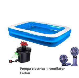 Piscina gonflabila Family XXL, cu Pompa electrica Cadou si ventilator, Dimensiuni, 200 x 150 x 50 cm, 2 inele, Material Rezistent, Potrivita pentru copii si Adulti
