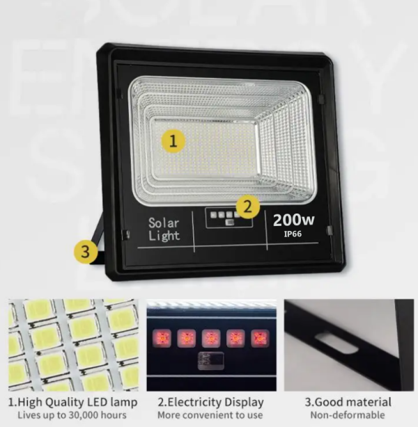 Proiector solar LED jortan 200W, cu Telecomanda, Suport prindere inclus, Panou Fotovoltaic, Autonomie Mare, Senzor miscare, Senzor de lumina - imagine 3