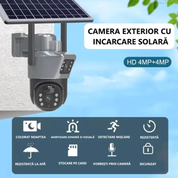 Camera de supraveghere 4G, Cu Panou Solar, 2 camere video integrate, 6MP, 4K, exterior/Interior, 10X zoom, procesor AI, rotire rapida din aplicatie, 2 lentile, vedere nocturna color, senzor de miscare, lumina LED, inteligenta de urmarire, Gri - imagine 2