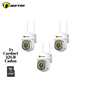 Set 3X Camere de supraveghere Jortan WIFI, Full HD, Detectie umana, rotire rapida din aplicatie, 360 grade, Vedere color noaptea, 3X Carduri 32GB