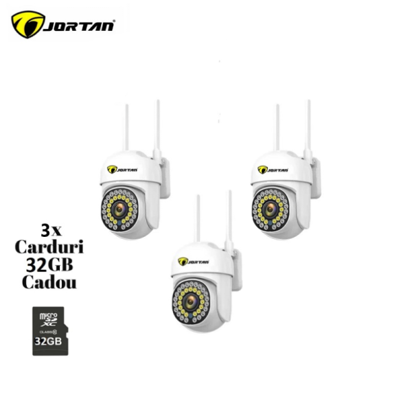 Set 3X Camere de supraveghere Jortan WIFI, Full HD, Detectie umana, rotire rapida din aplicatie, 360 grade, Vedere color noaptea, 3X Carduri 32GB
