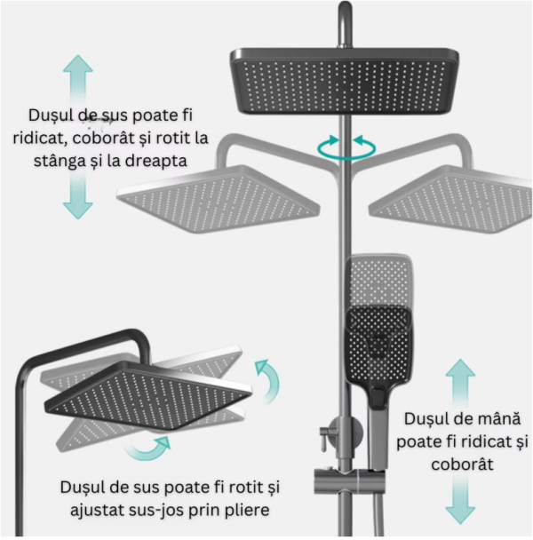 Set de dus cu Iluminare LED si afisaj Digital inteligent al Temperaturi, baterie cu termostat si turbina generatoare de curent integrata, Inaltime reglabila, 3 functii de curgere a apei, dus reglabil, bideu, Gri - imagine 12