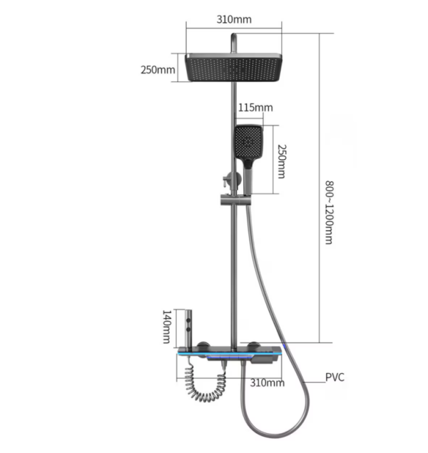 Set de dus cu Iluminare LED si afisaj Digital inteligent al Temperaturi, baterie cu termostat si turbina generatoare de curent integrata, Inaltime reglabila, 3 functii de curgere a apei, dus reglabil, bideu, Gri - imagine 13