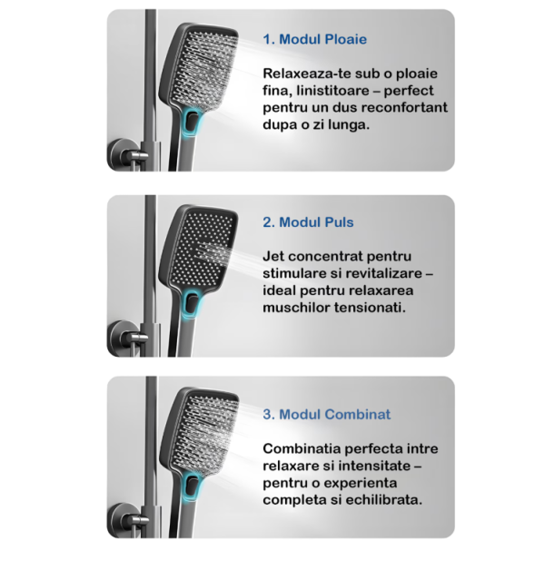 Set de dus cu Iluminare LED si afisaj Digital inteligent al Temperaturi, baterie cu termostat si turbina generatoare de curent integrata, Inaltime reglabila, 3 functii de curgere a apei, dus reglabil, bideu, Gri - imagine 15