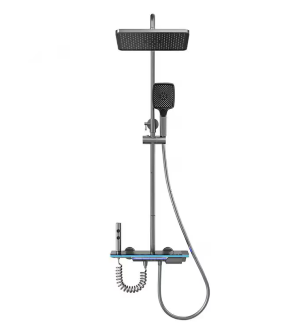 Set de dus cu Iluminare LED si afisaj Digital inteligent al Temperaturi, baterie cu termostat si turbina generatoare de curent integrata, Inaltime reglabila, 3 functii de curgere a apei, dus reglabil, bideu, Gri - imagine 2