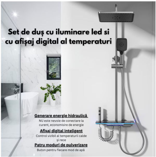 Set de dus cu Iluminare LED si afisaj Digital inteligent al Temperaturi, baterie cu termostat si turbina generatoare de curent integrata, Inaltime reglabila, 3 functii de curgere a apei, dus reglabil, bideu, Gri - imagine 3