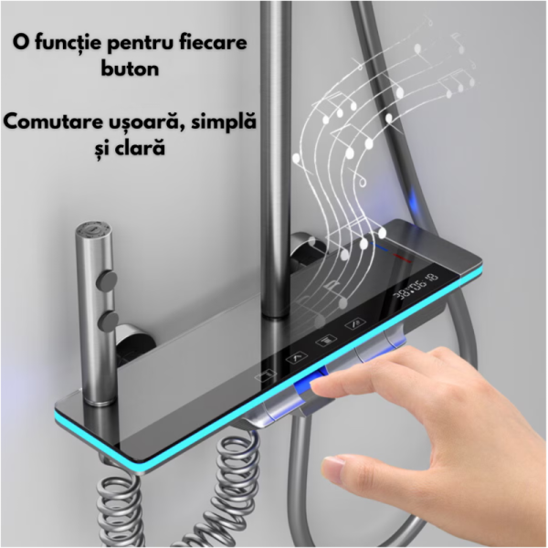 Set de dus cu Iluminare LED si afisaj Digital inteligent al Temperaturi, baterie cu termostat si turbina generatoare de curent integrata, Inaltime reglabila, 3 functii de curgere a apei, dus reglabil, bideu, Gri - imagine 4