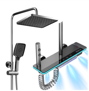 Set de dus cu Iluminare LED si afisaj Digital inteligent al Temperaturi, baterie cu termostat si turbina generatoare de curent integrata, Inaltime reglabila, 3 functii de curgere a apei, dus reglabil, bideu, Gri